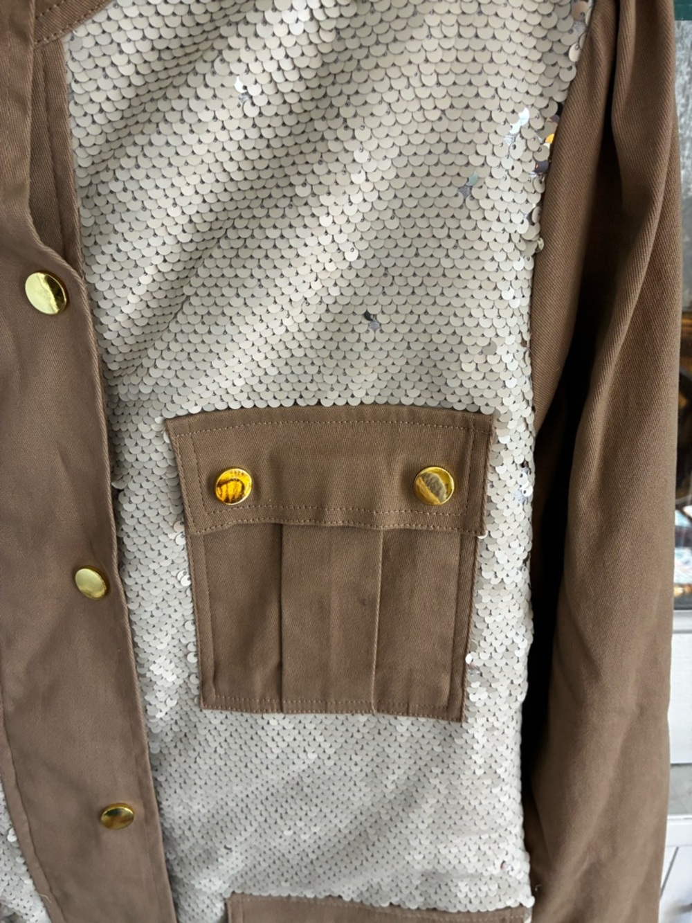 NWT Boston Proper Cream Sequin Front Utility Jacket with Brown Trim Med - Picture 2 of 12